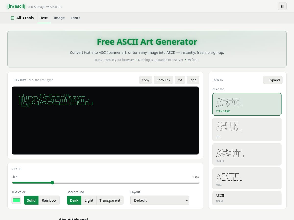 Landing-page snapshot of inascii.com