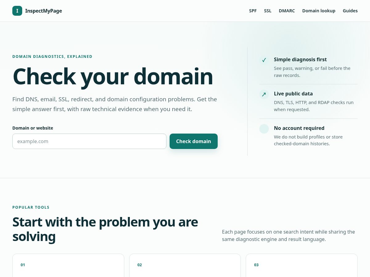 Landing-page snapshot of inspectmypage.com