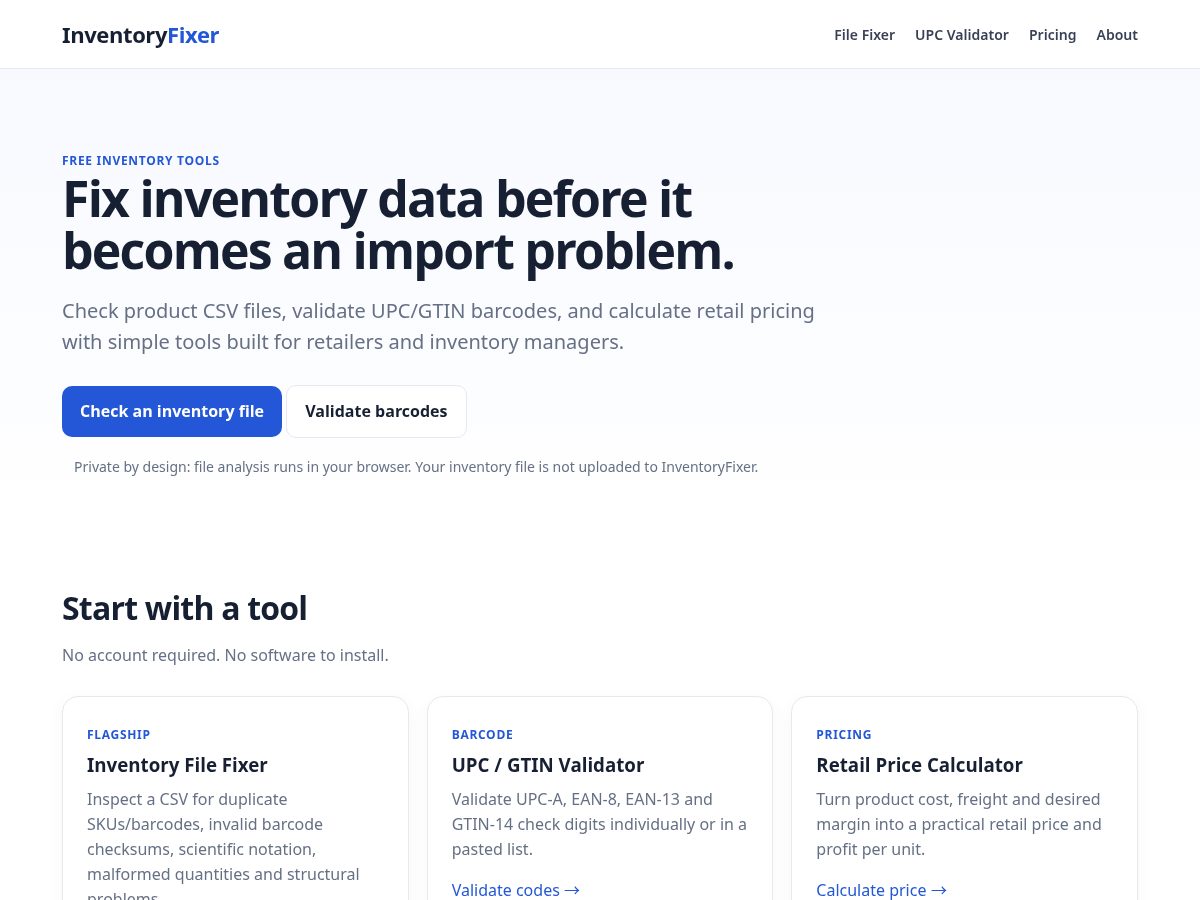 Landing-page snapshot of inventoryfixer.com