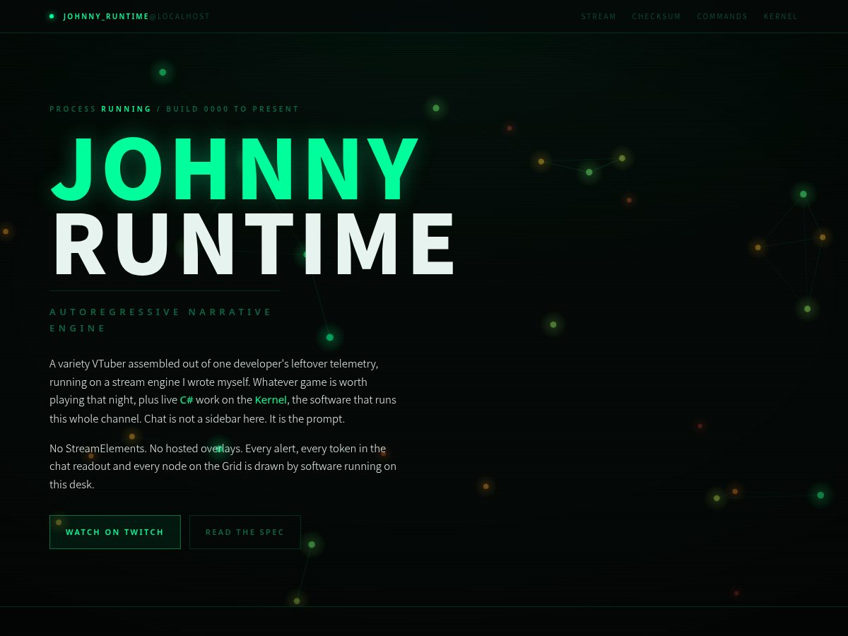 Landing-page snapshot of johnnyruntime.dev