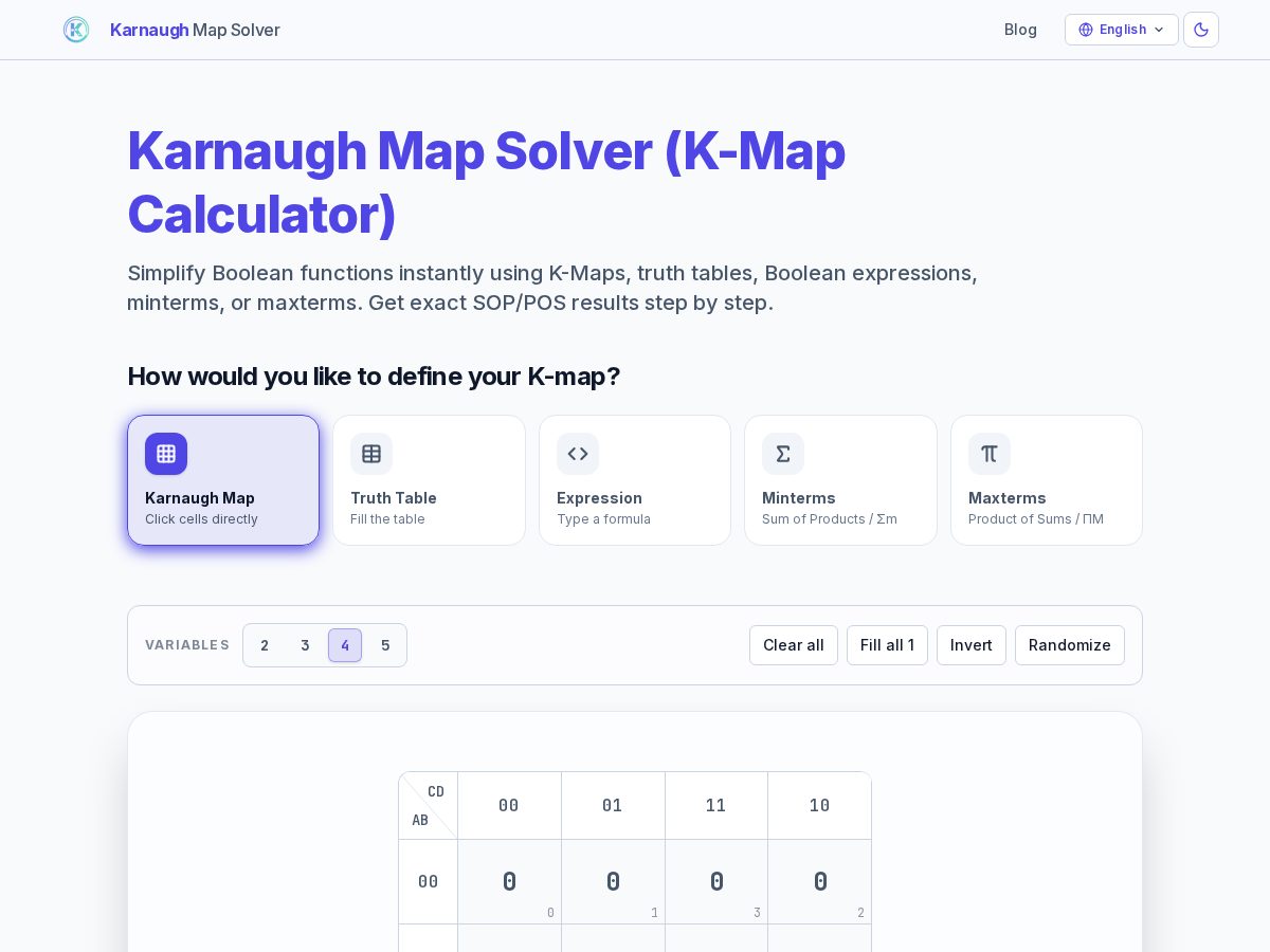 Landing-page snapshot of karnaughmap-solver.com