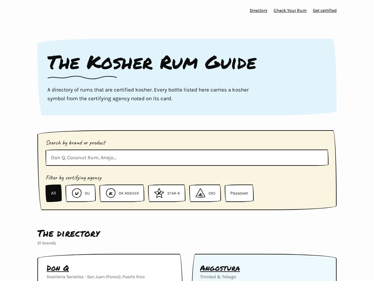 Landing-page snapshot of kosher-rum.com