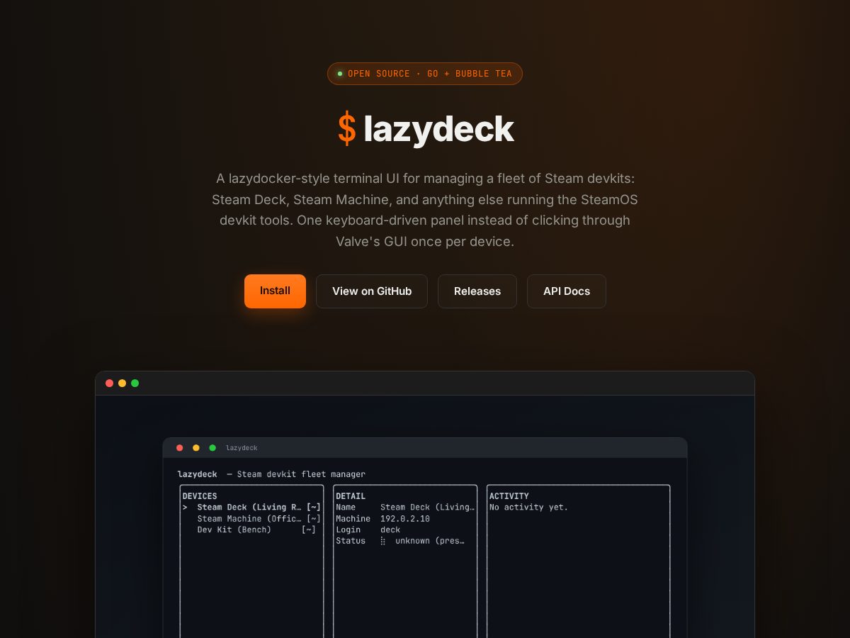 Landing-page snapshot of lazydeck.dev