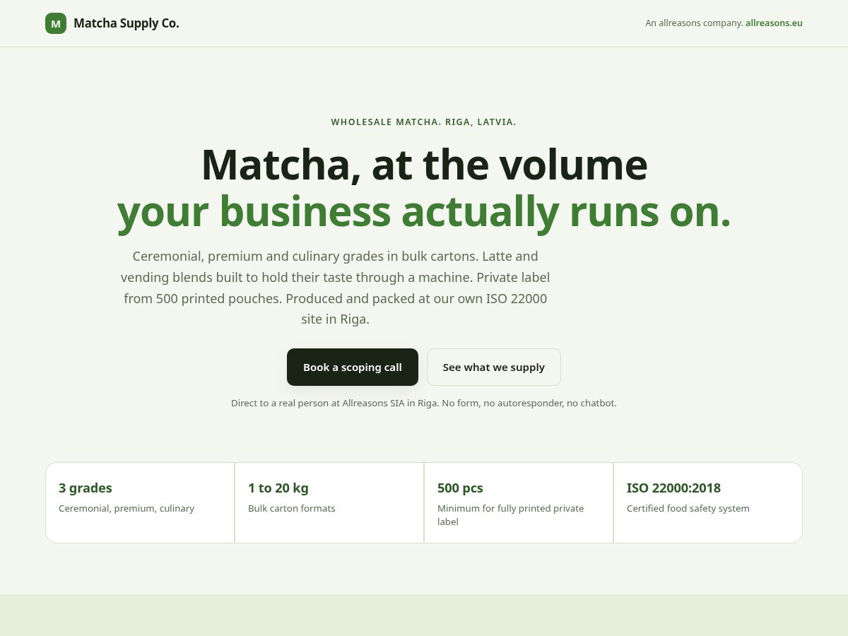 Landing-page snapshot of matchasupplyco.com