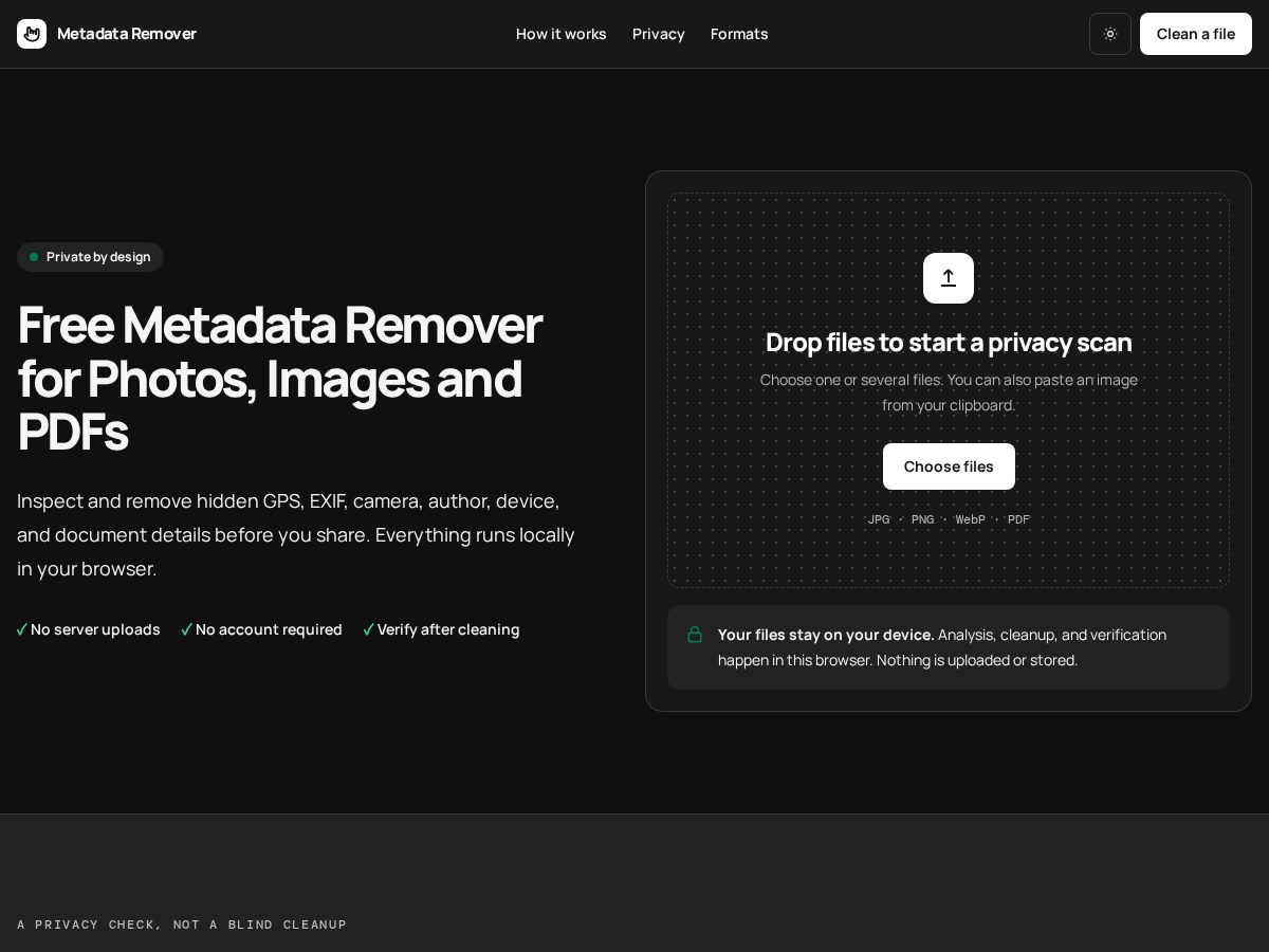 Landing-page snapshot of metadataremovertool.com