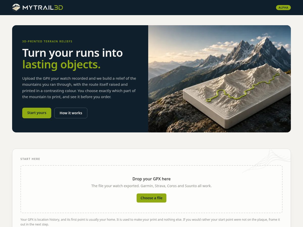 Landing-page snapshot of mytrail3d.com