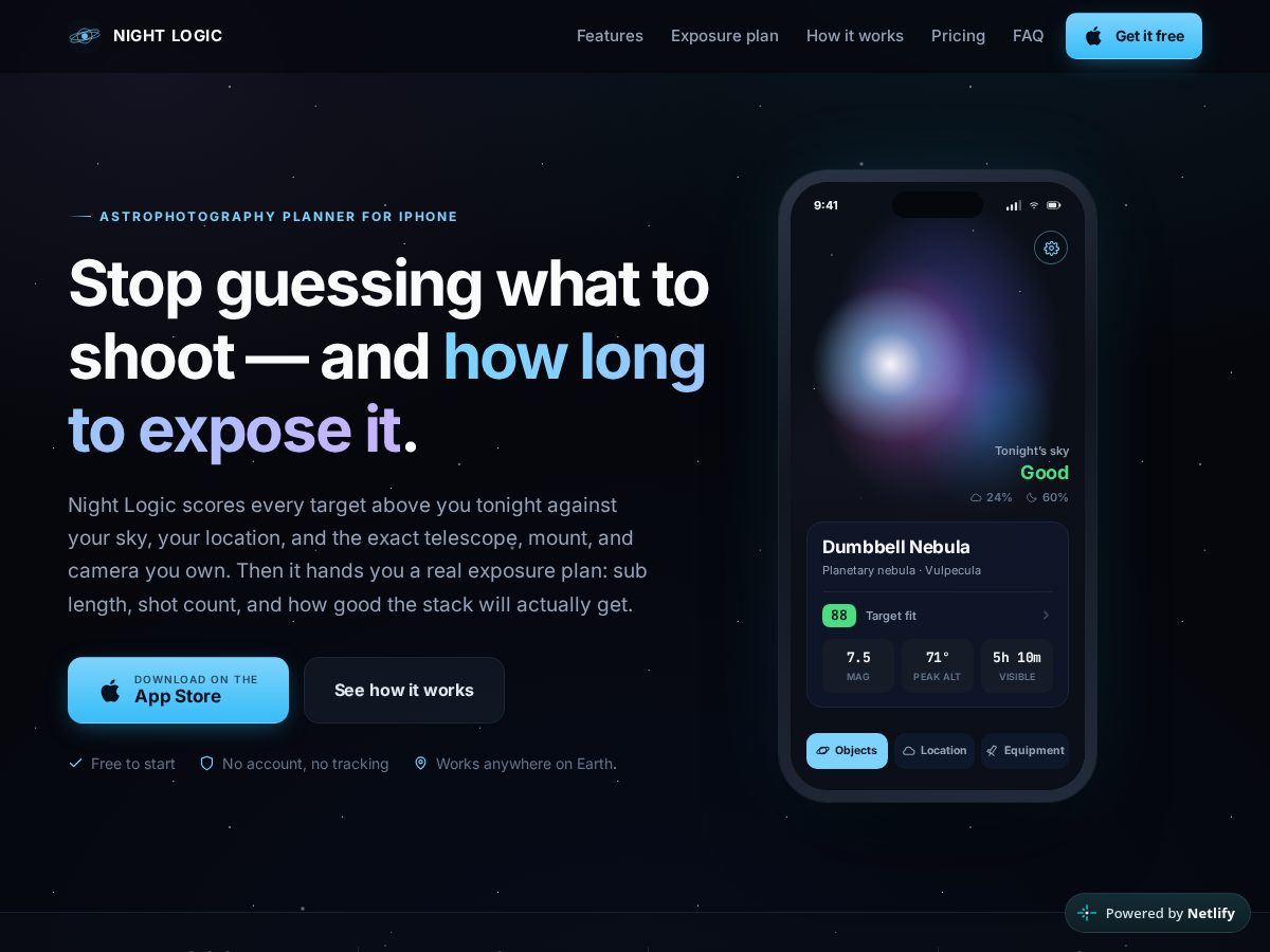 Landing-page snapshot of nightlogic.app