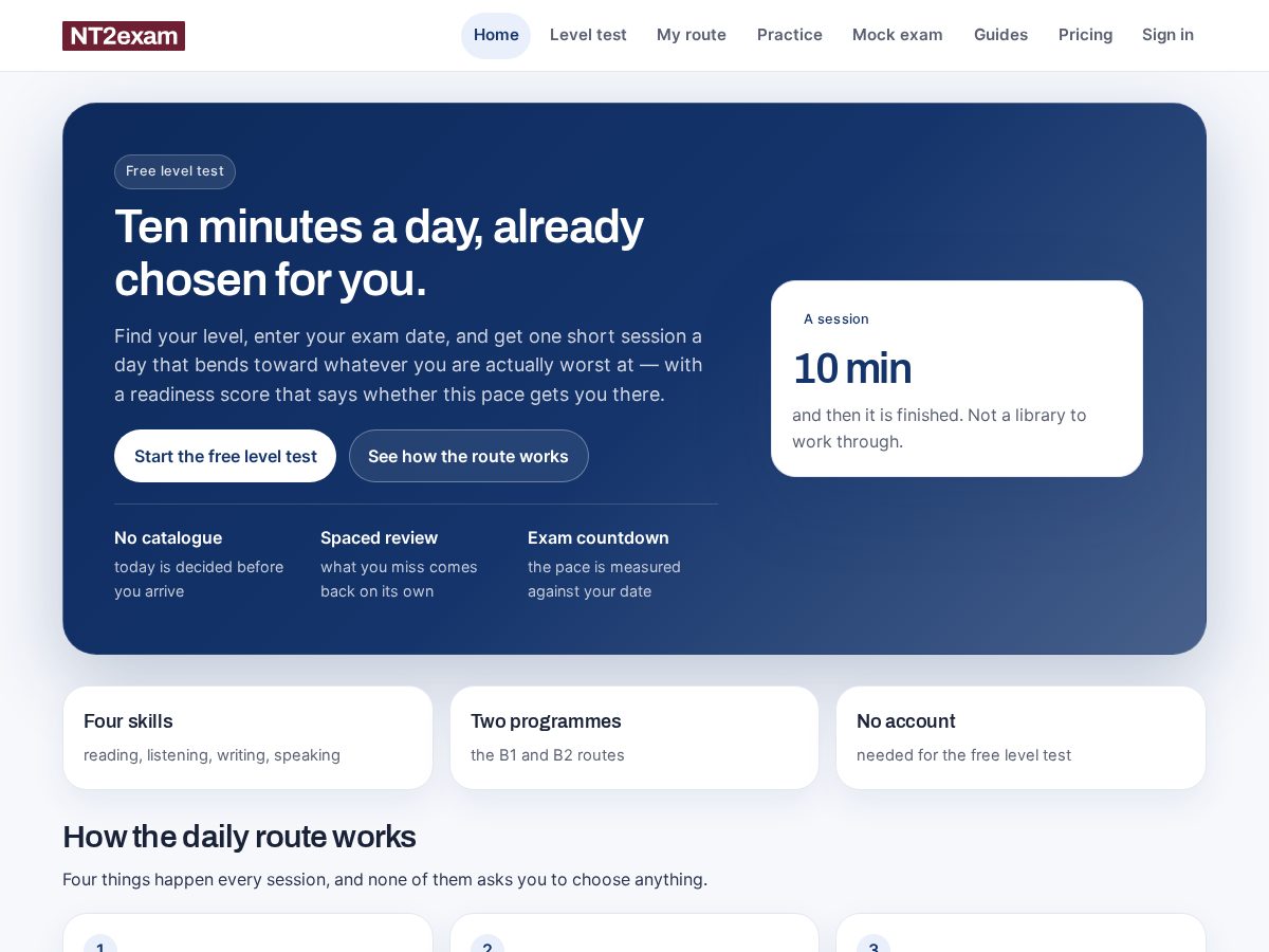 Landing-page snapshot of nt2exam.com