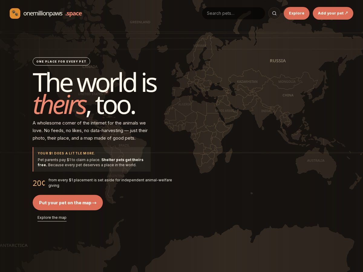 Landing-page snapshot of onemillionpaws.space