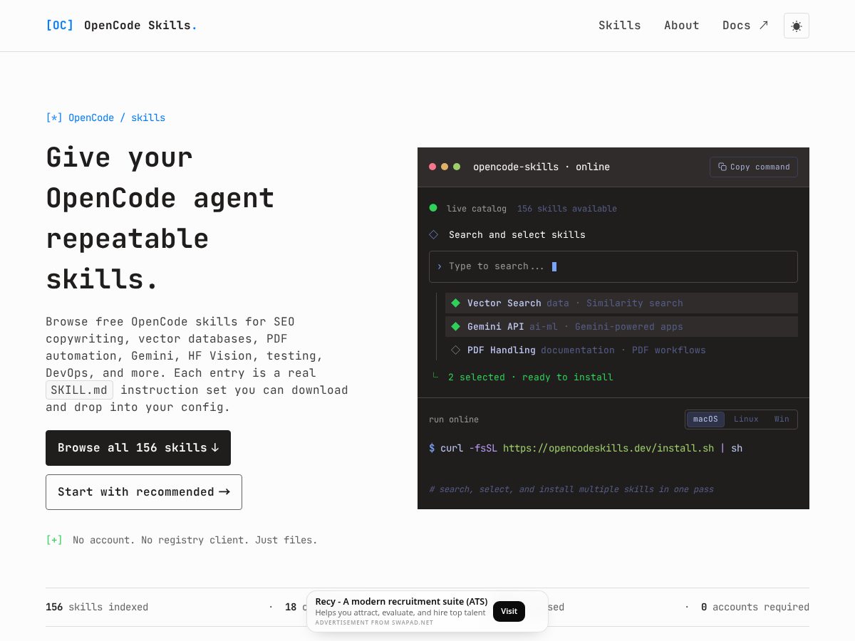 Landing-page snapshot of opencodeskills.dev