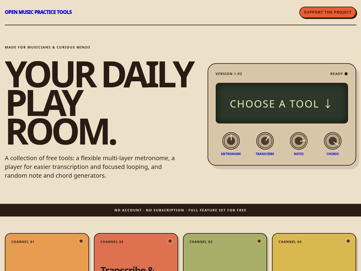 Landing-page snapshot of openmusicpracticetools.com