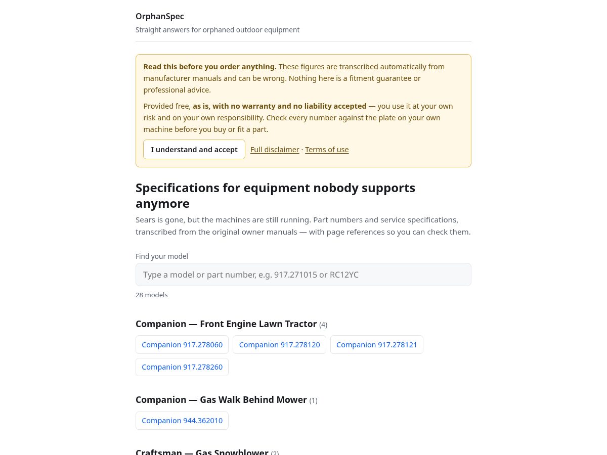 Landing-page snapshot of orphanspec.com