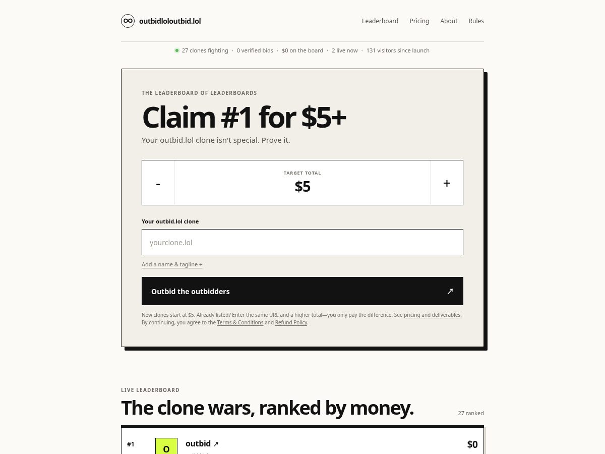 Landing-page snapshot of outbidloloutbid.lol