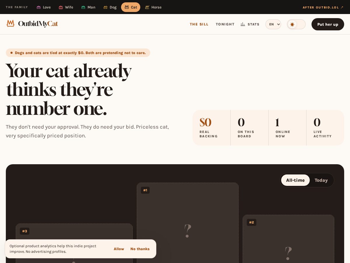Landing-page snapshot of outbidmycat.com