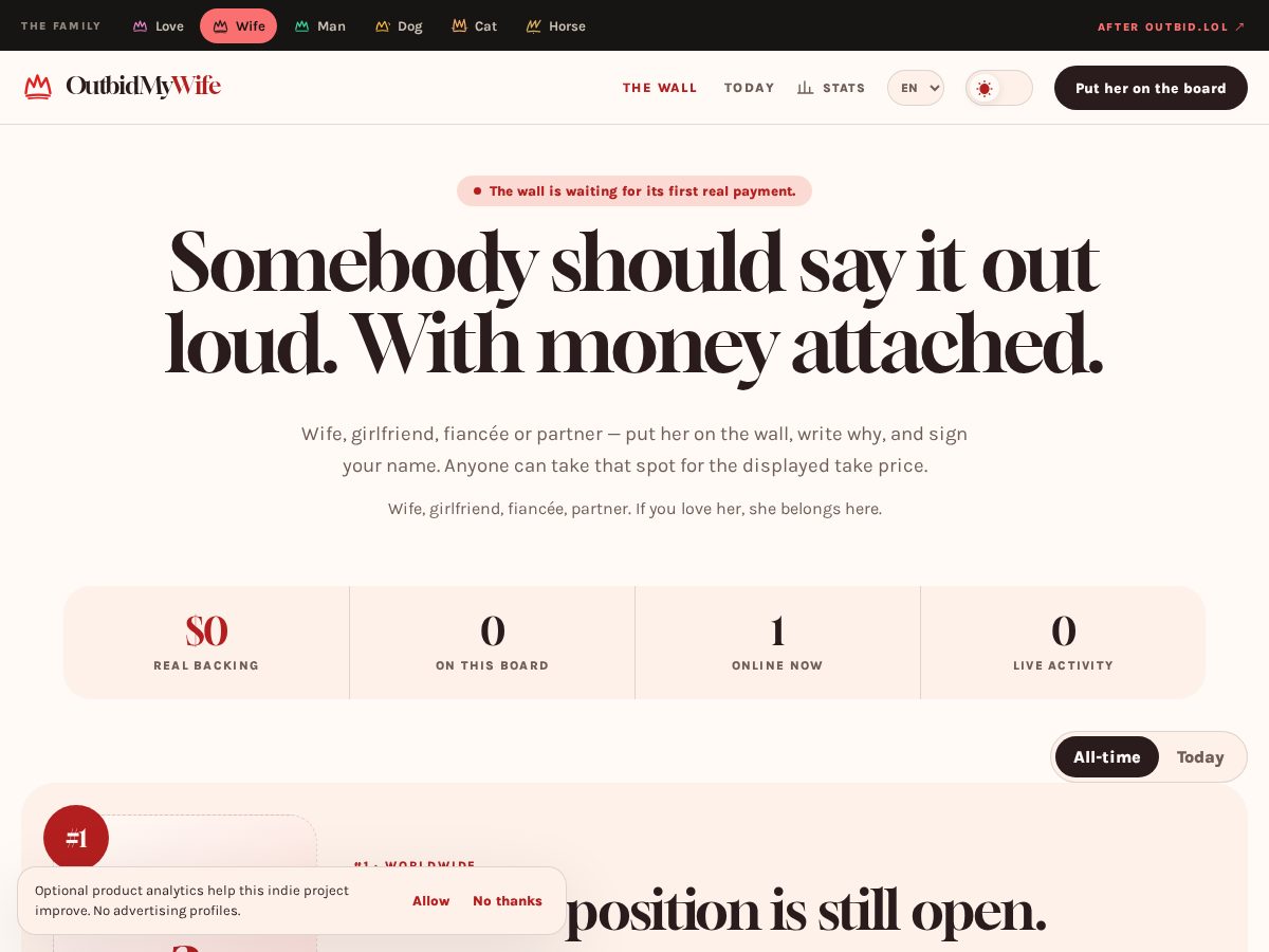Landing-page snapshot of outbidmywife.com