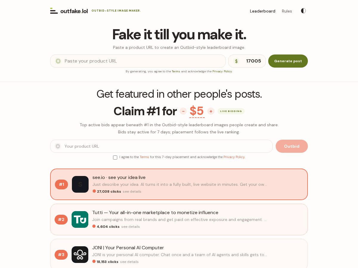 Landing-page snapshot of outfake.lol