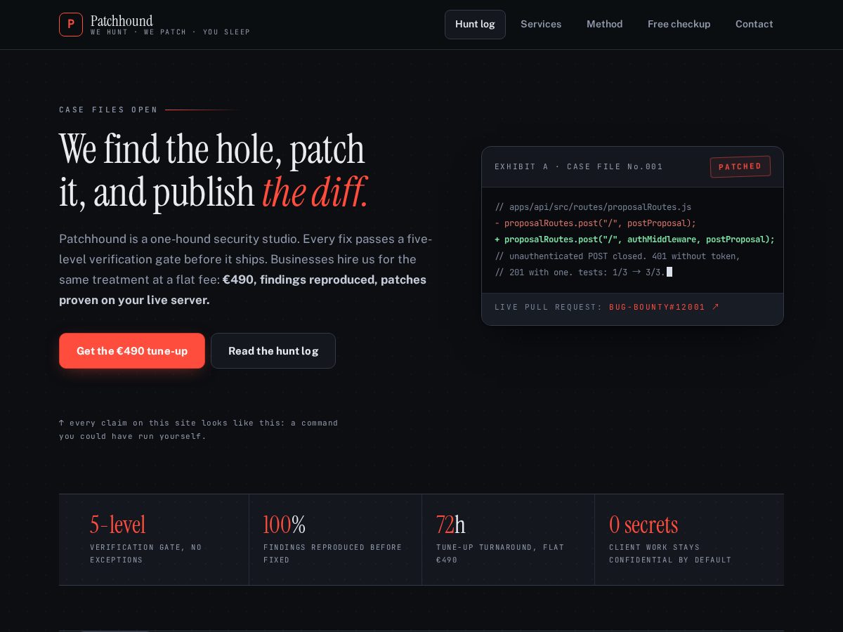 Landing-page snapshot of patchhound.dev