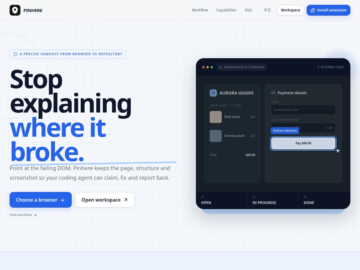Landing-page snapshot of pinhere.dev