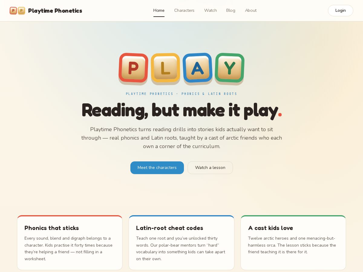 Landing-page snapshot of playtimephonetics.com