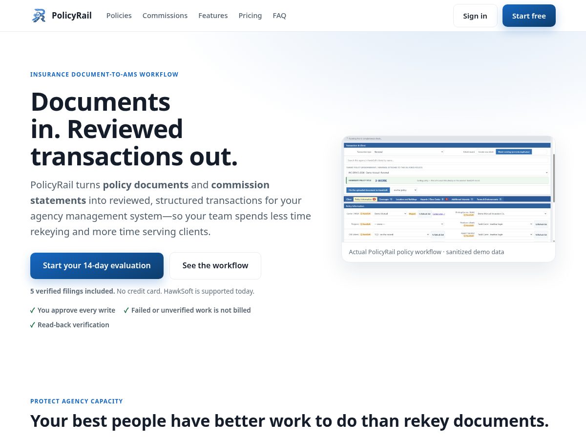 Landing-page snapshot of policyrail.app
