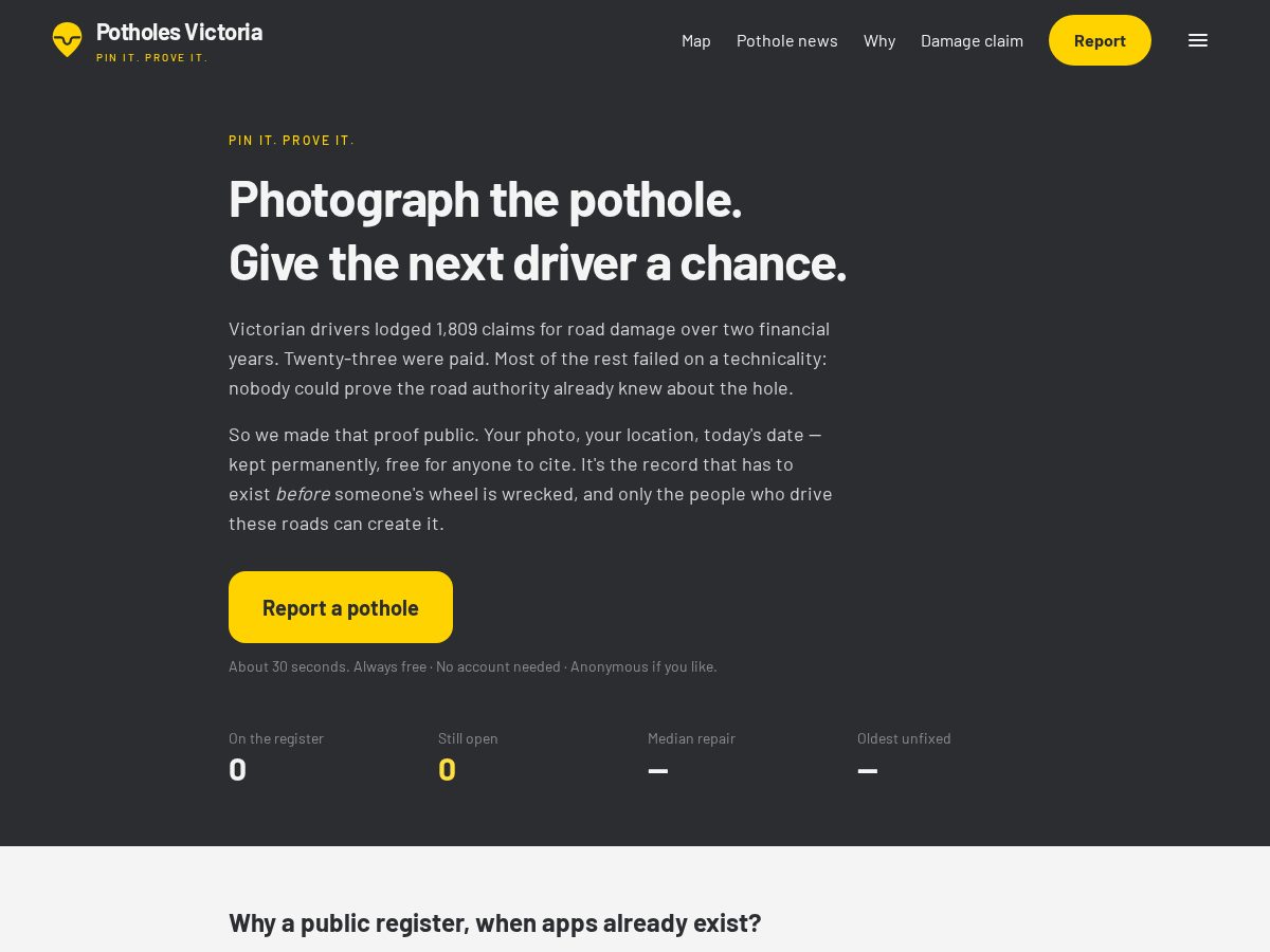 Landing-page snapshot of potholesvictoria.org