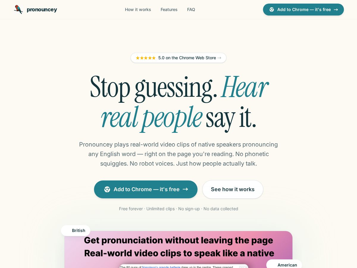 Landing-page snapshot of pronouncey.com