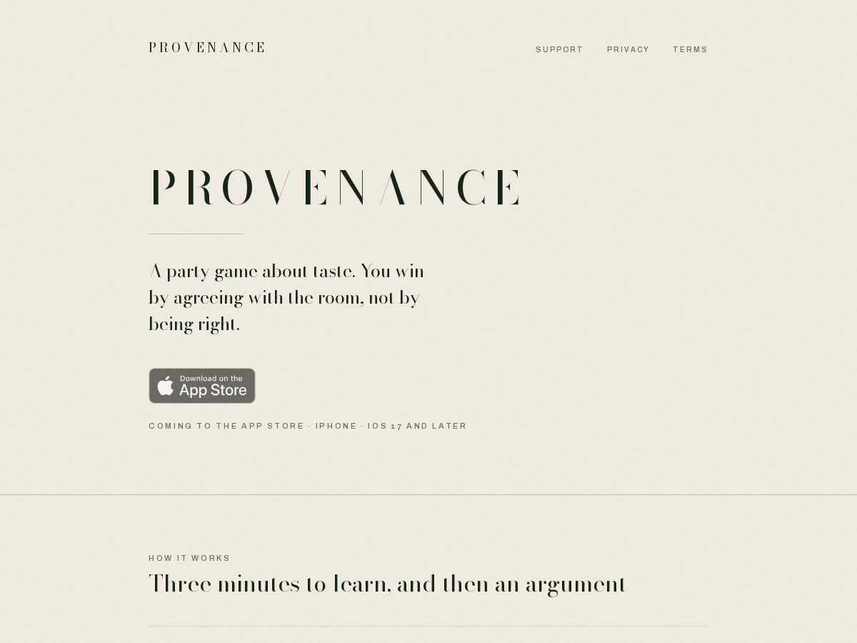 Landing-page snapshot of provenancethegame.com