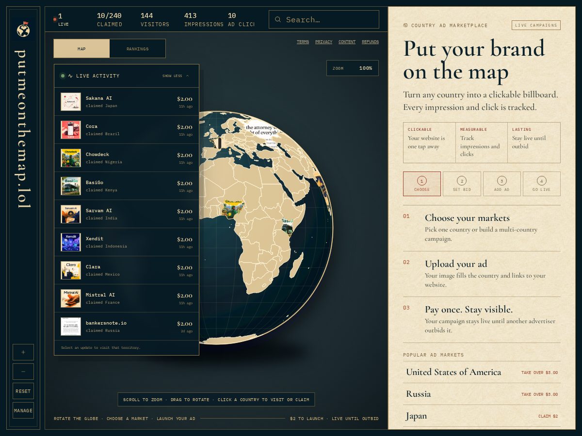 Landing-page snapshot of putmeonthemap.lol