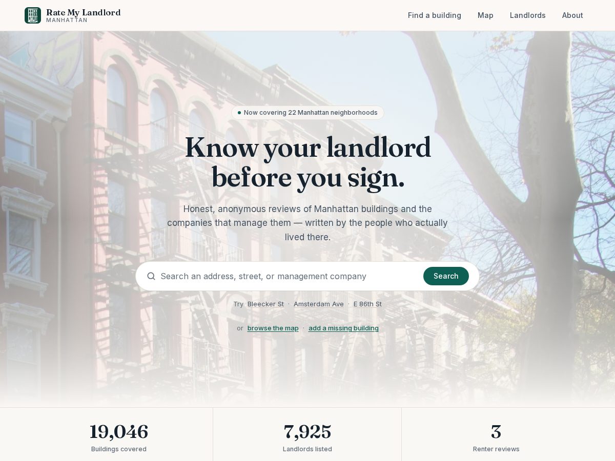 Landing-page snapshot of ratemylandlordnyc.com