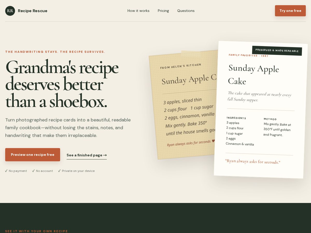 Landing-page snapshot of reciperescuebooks.com