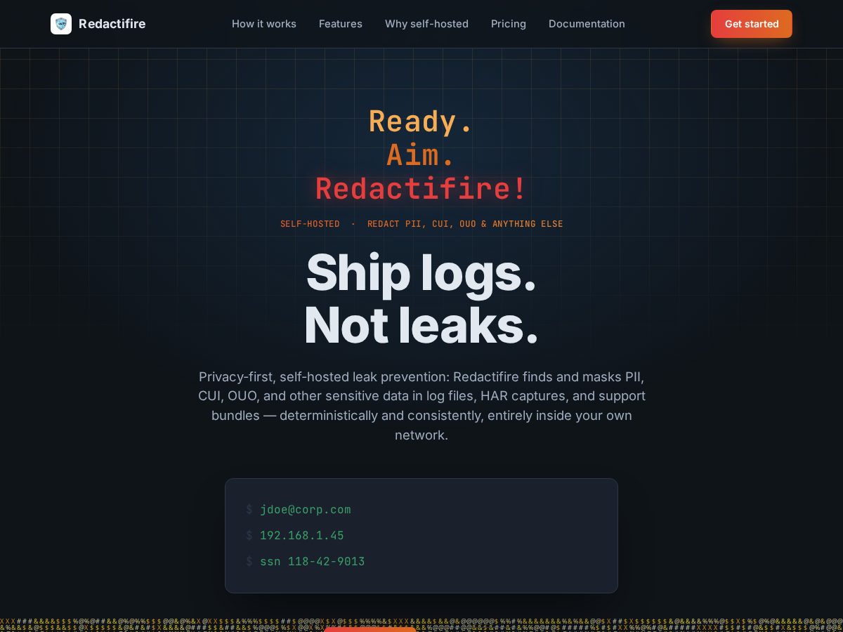 Landing-page snapshot of redactifire.com