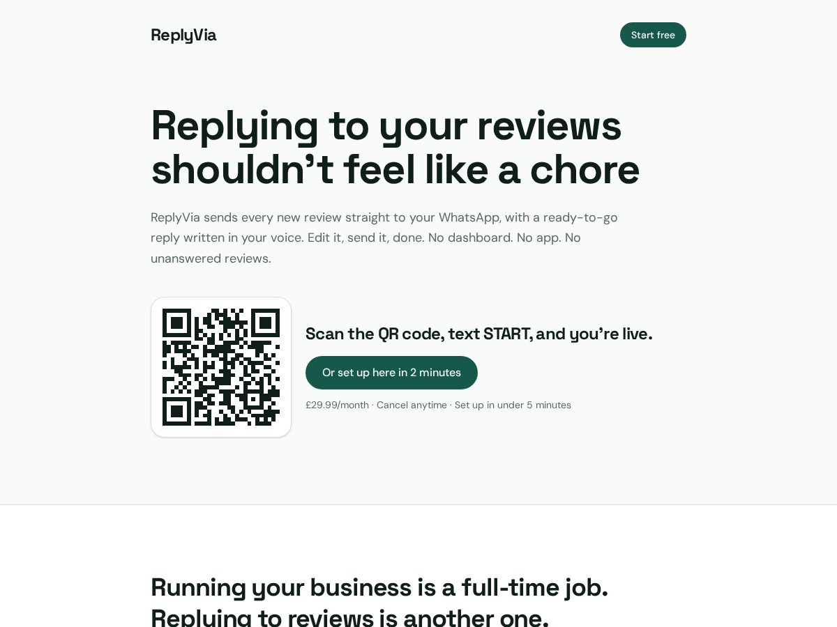 Landing-page snapshot of replyvia.app