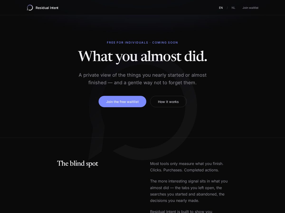 Landing-page snapshot of residualintent.com