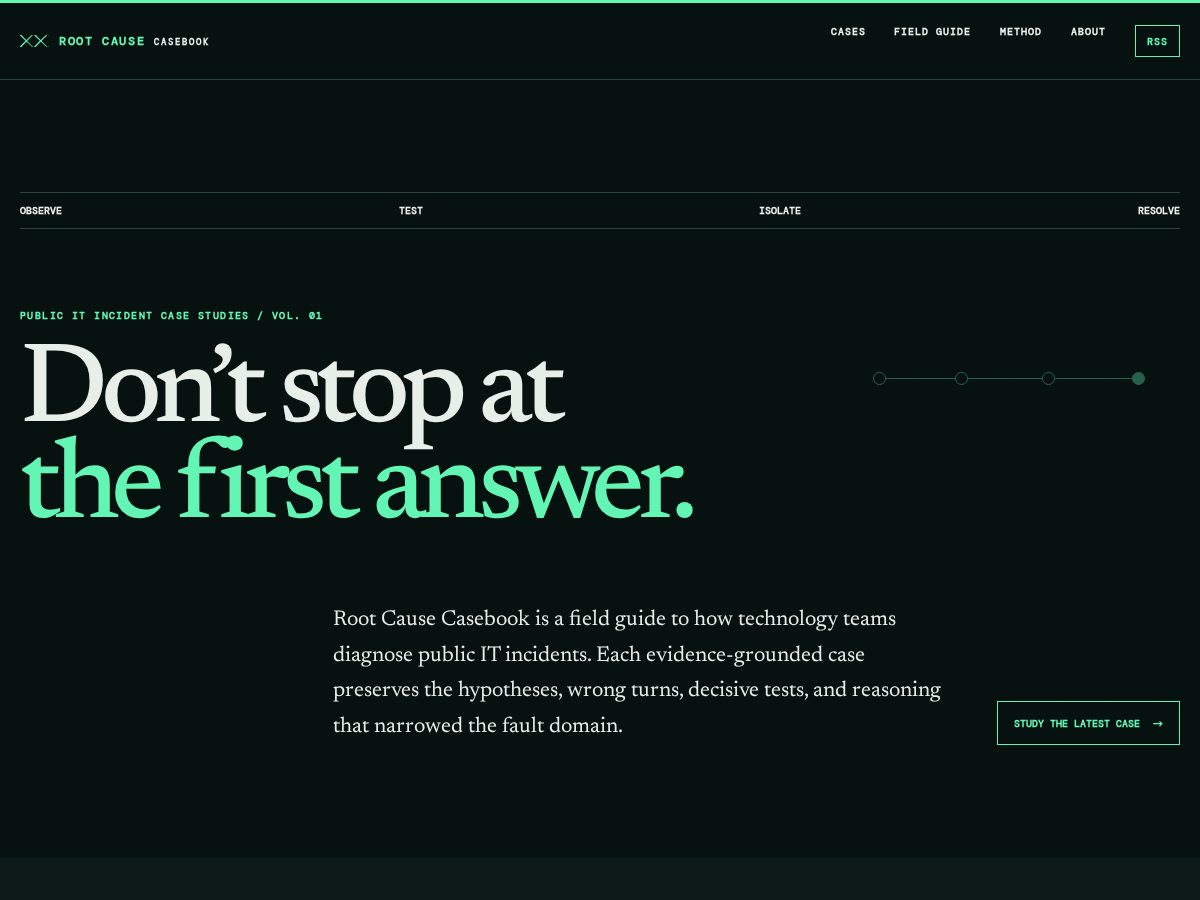 Landing-page snapshot of rootcausecasebook.com