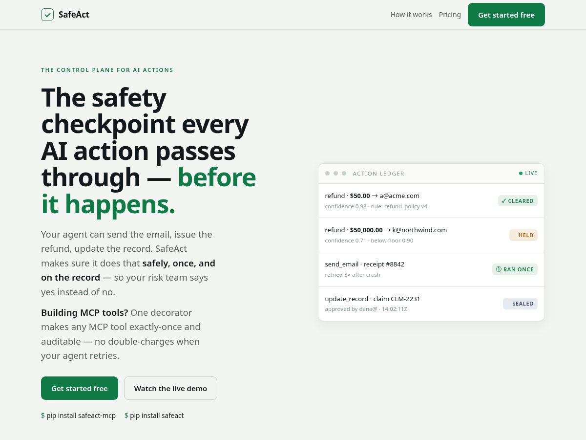 Landing-page snapshot of safeact.dev