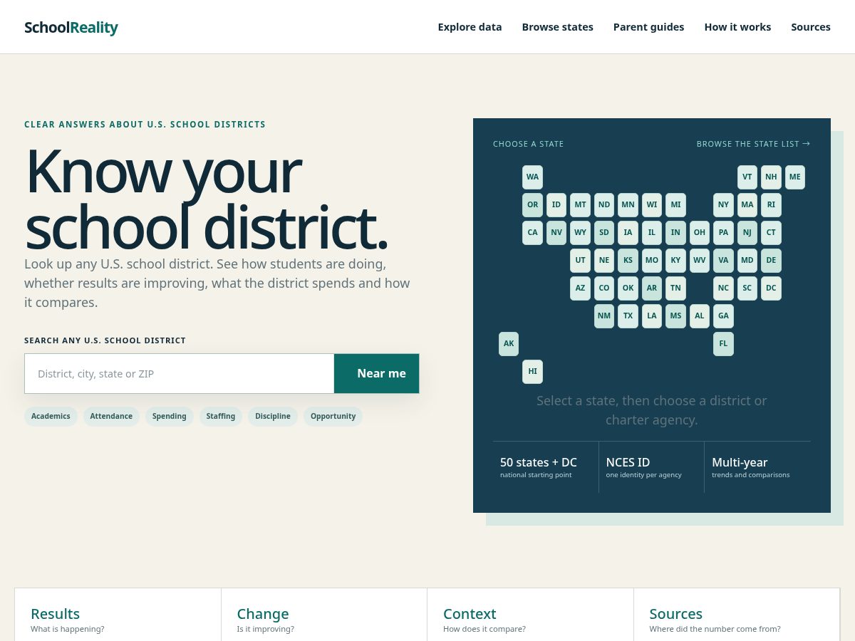 Landing-page snapshot of schoolreality.com