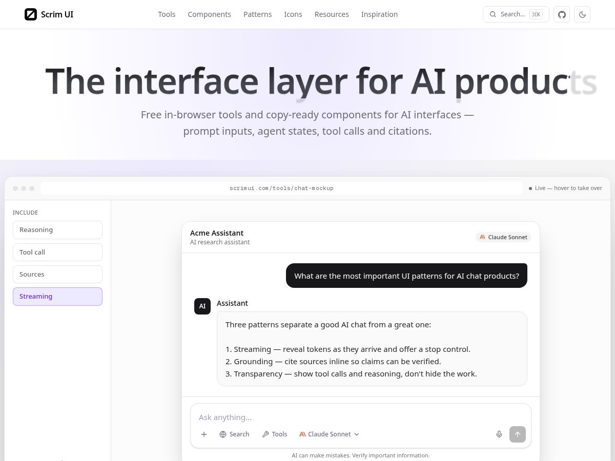 Landing-page snapshot of scrimui.dev