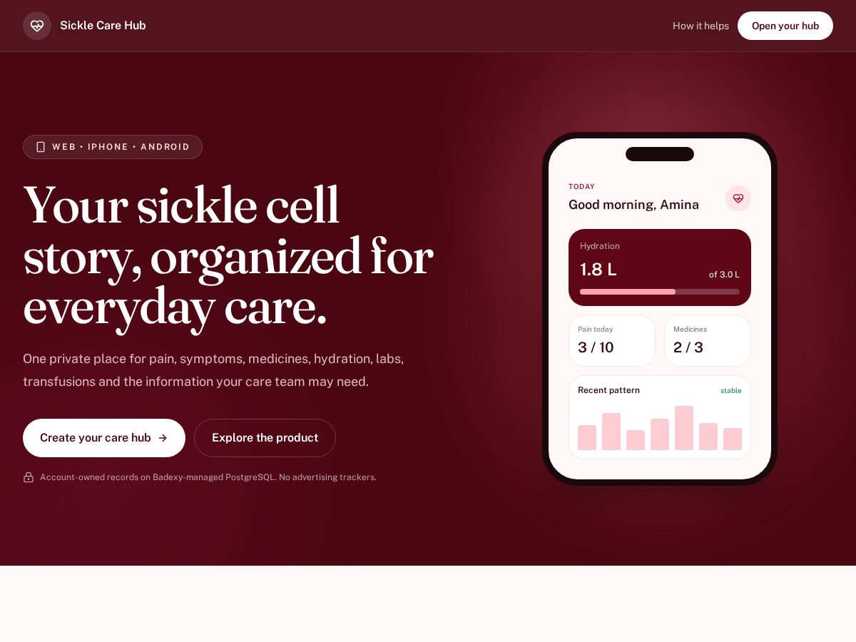 Landing-page snapshot of sicklecellcarehub.com