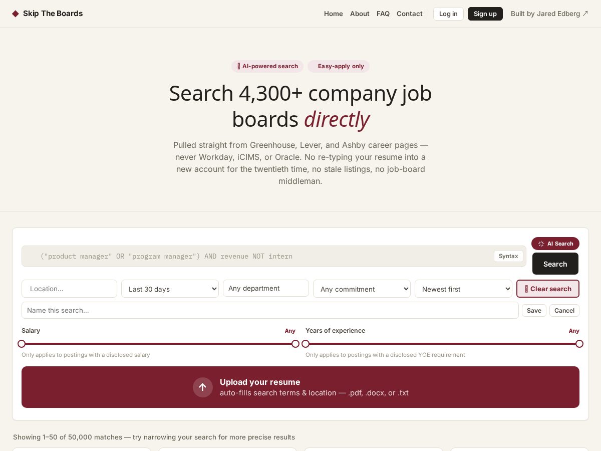Landing-page snapshot of skiptheboards.com