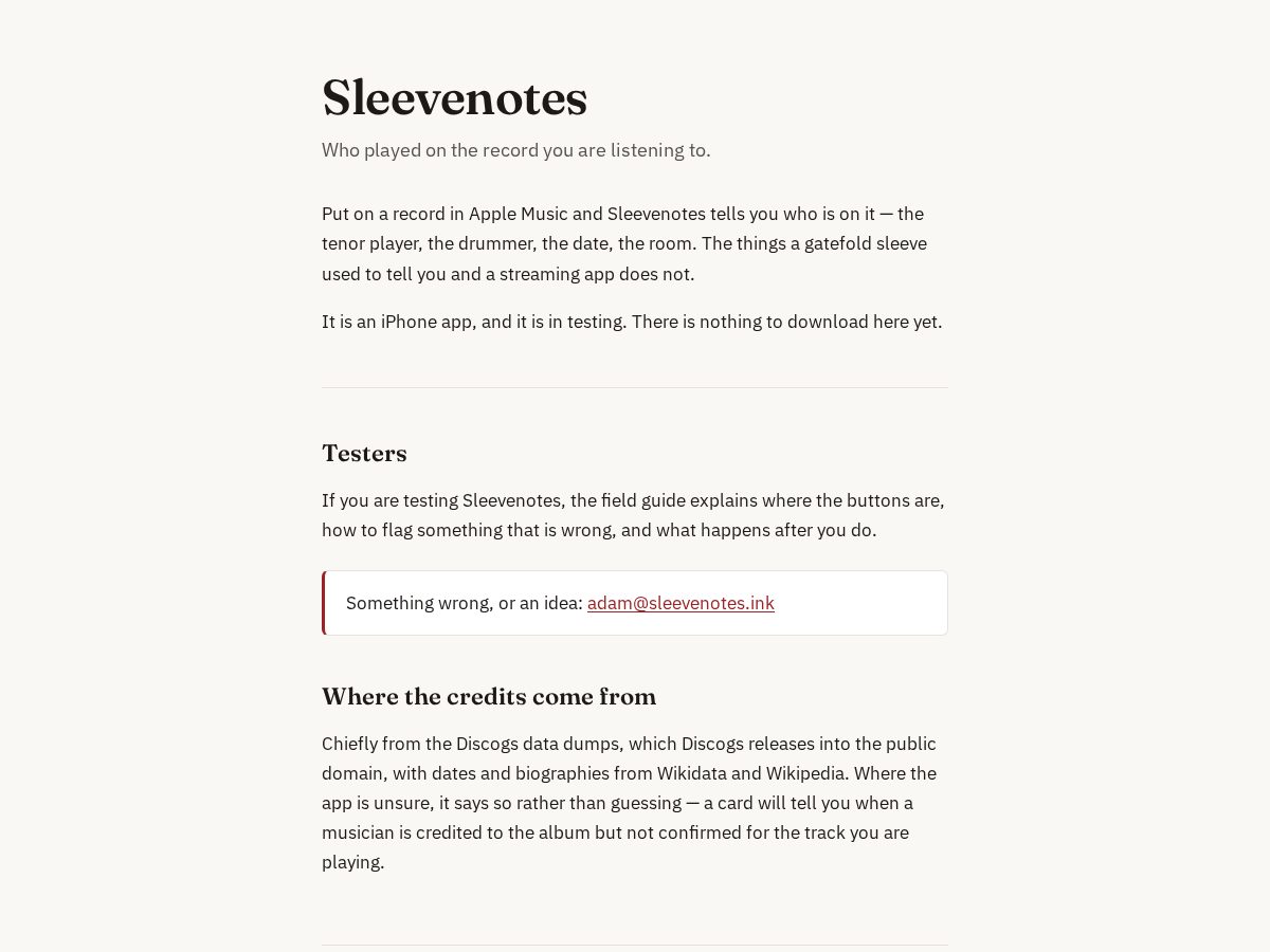 Landing-page snapshot of sleevenotes.ink