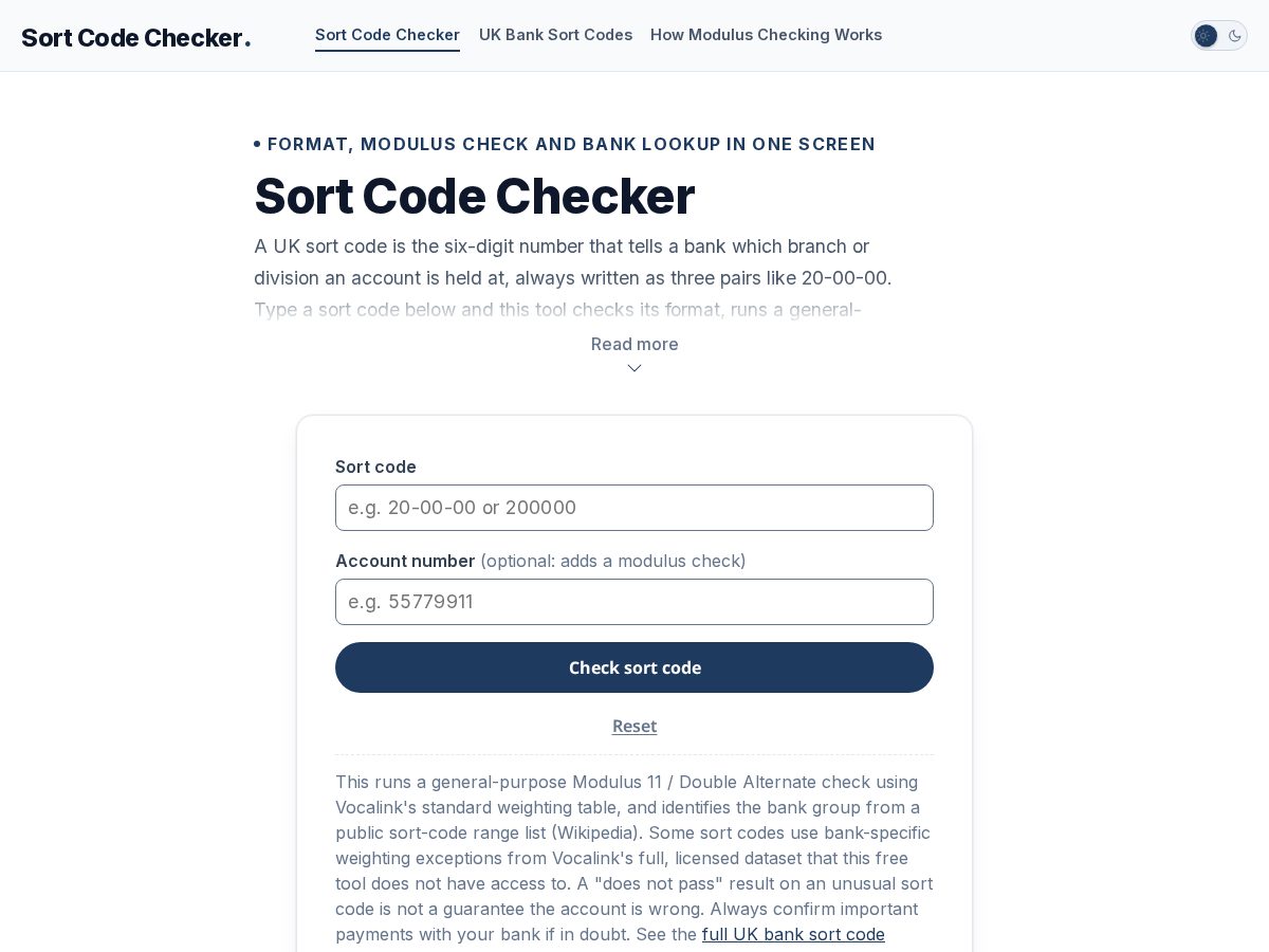 Landing-page snapshot of sortcodechecker.xyz