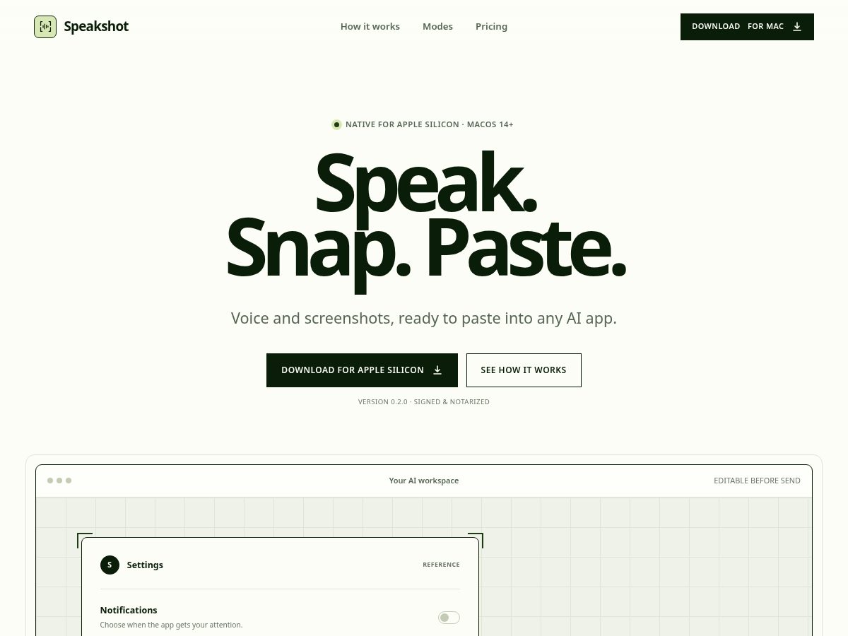 Landing-page snapshot of speakshot.app