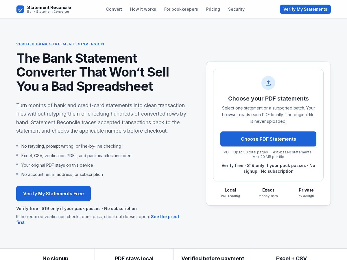 Landing-page snapshot of statementreconcile.com