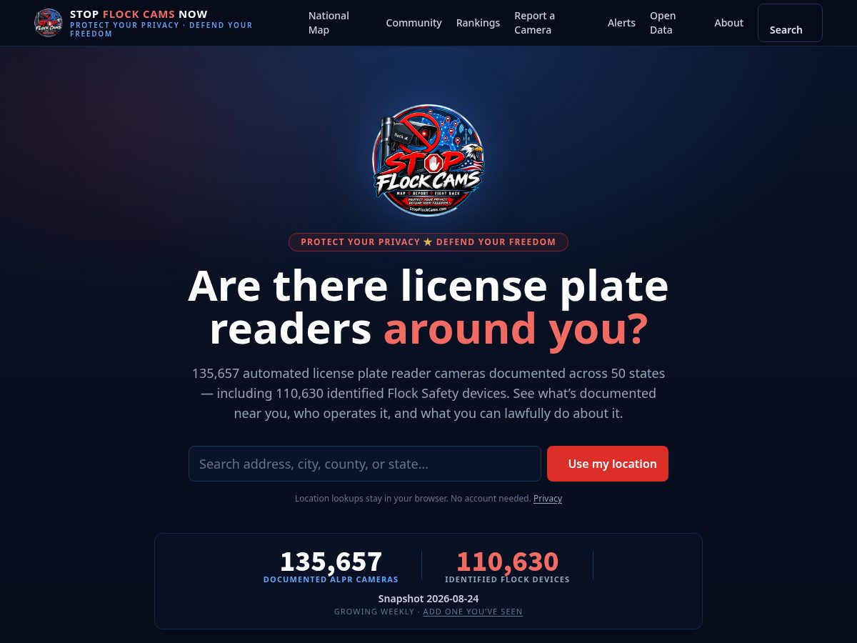 Landing-page snapshot of stopflockcamsnow.com