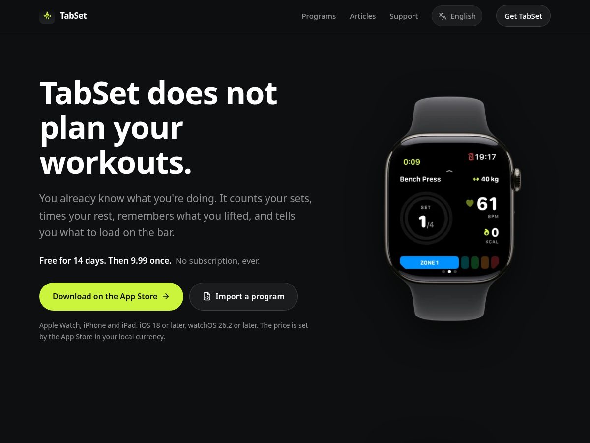 Landing-page snapshot of tabset.app