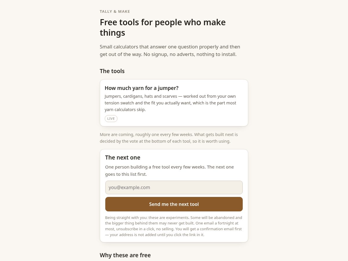 Landing-page snapshot of tallyandmake.com