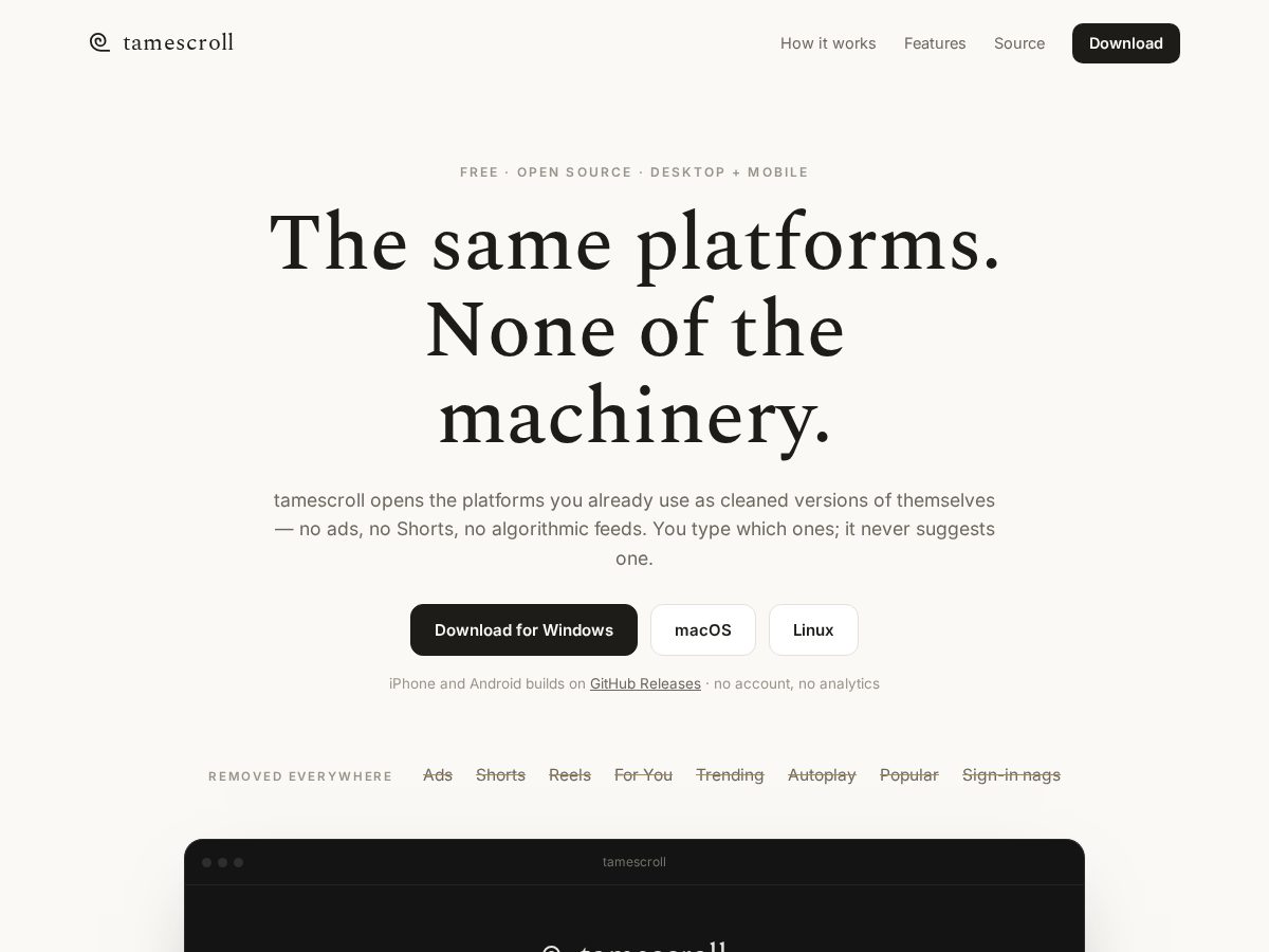 Landing-page snapshot of tamescroll.com