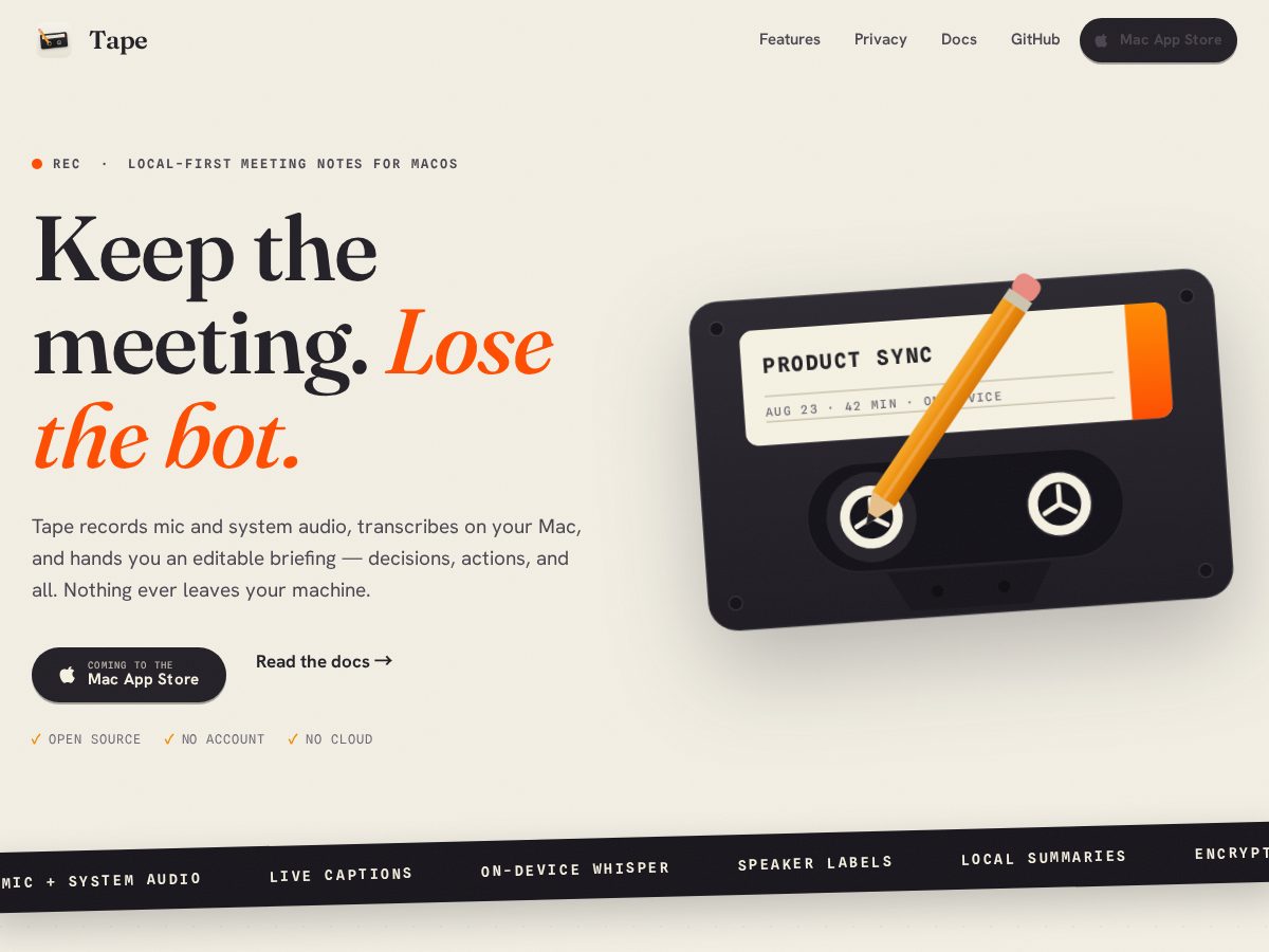 Landing-page snapshot of tapenotes.app