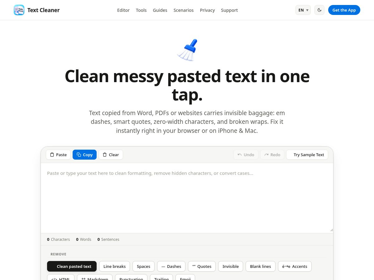 Landing-page snapshot of text-cleaner.net