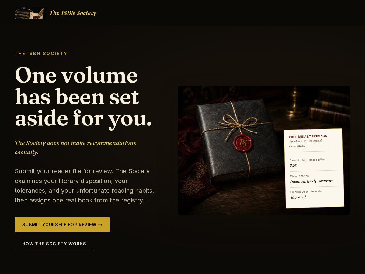 Landing-page snapshot of theisbnsociety.com